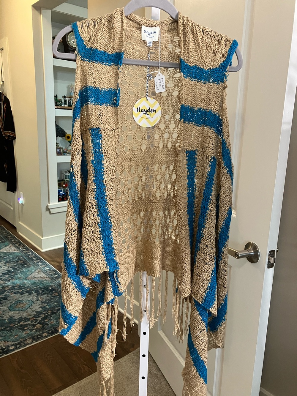 Hayden Beige and Teal Open-Knit Fringe Vest